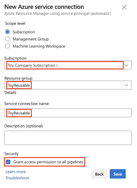 Screenshot of Azure DevOps that shows the 'New Azure service connection' pane, with the details completed and the Save button highlighted.