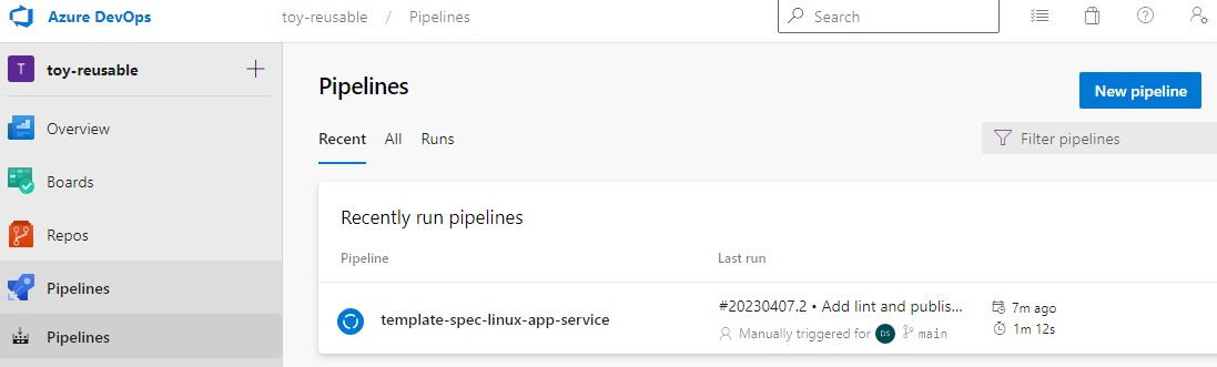 Screenshot of Azure Pipelines that shows the Pipelines menu item.