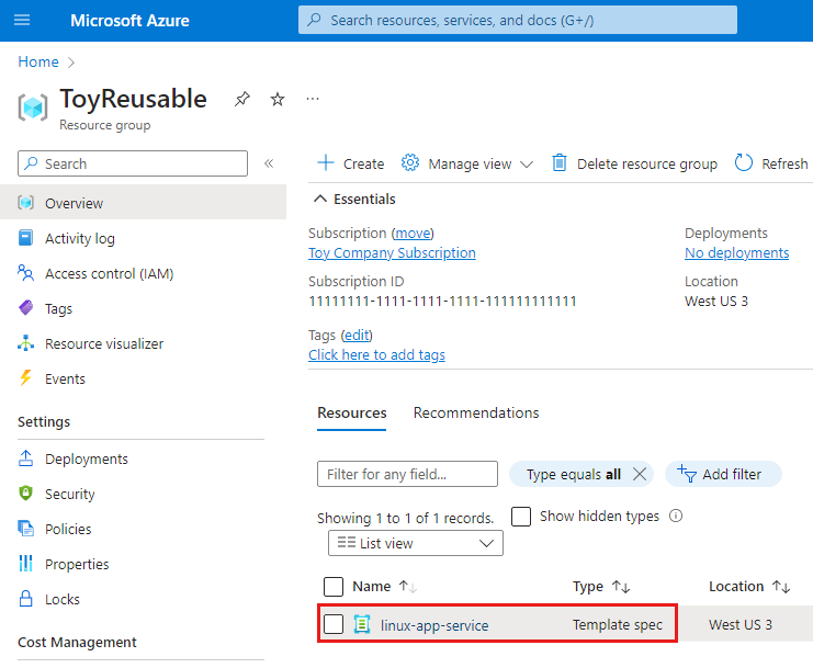 Screenshot of the Azure portal that shows the resource group, with the template spec highlighted.