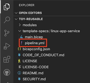 Screenshot of Visual Studio Code that shows the location of the pipeline definition file.