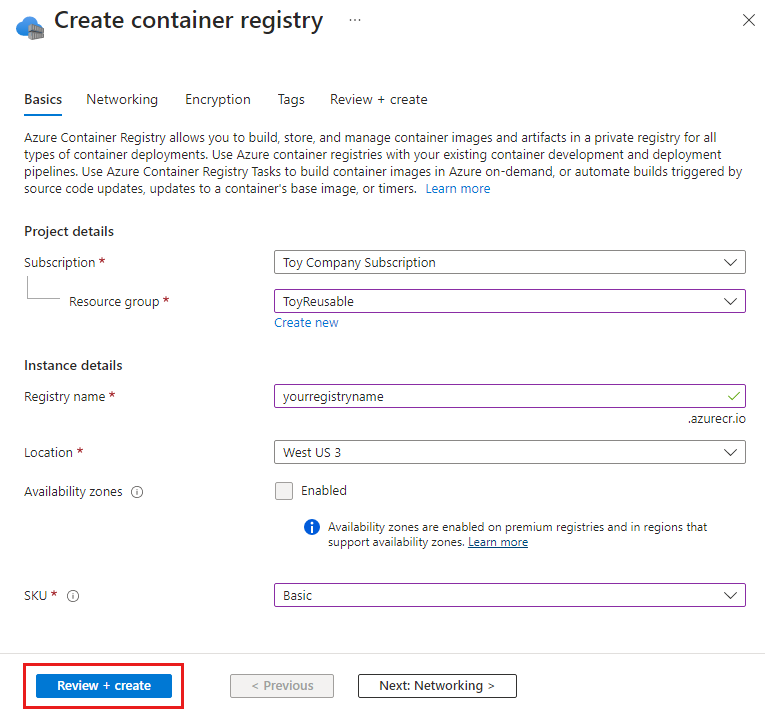 Screenshot of the Azure portal that shows the container registry creation page.