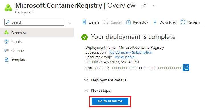 Screenshot of the Azure portal that shows the container registry deployment, with the button for going to a resource highlighted.