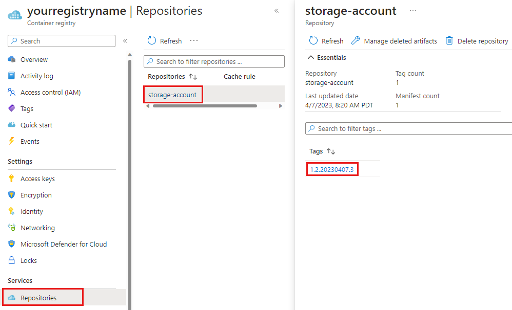 Screenshot of the Azure portal that shows a Bicep module in the container registry.