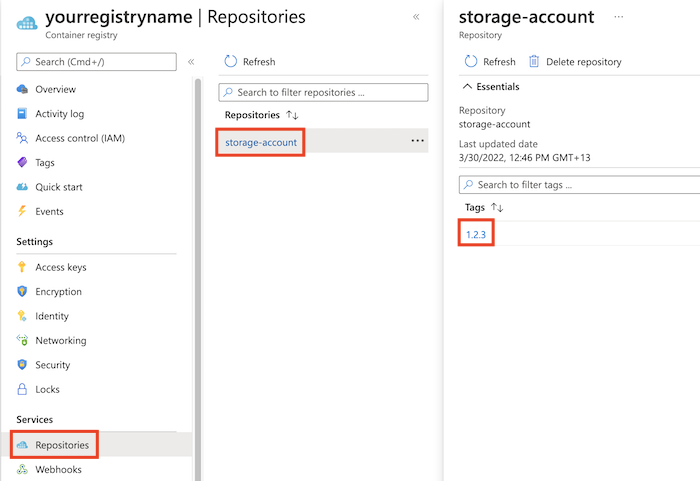 Screenshot of the Azure portal that shows a Bicep module in the container registry.