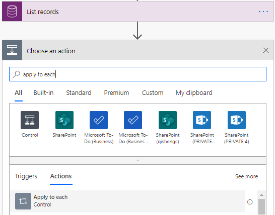 Under List records, in Choose an action, search results for apply to each appear on the Actions tab.