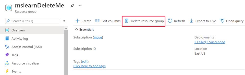 Screenshot that shows the resource group pane with Delete resource group selected.