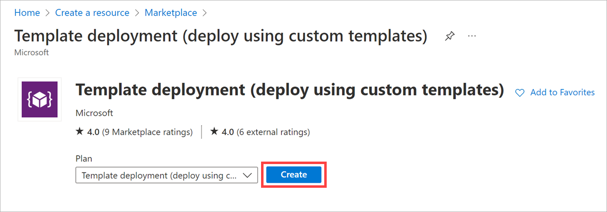 Screenshot showing the Template Deployment item selected with the Create button highlighted.
