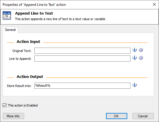 Screenshot of the append line to text action properties.