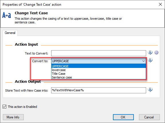 Screenshot of the change text case action properties.