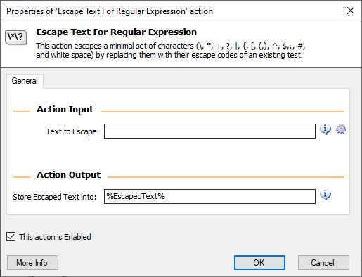 Screenshot of the escape text for regular expression action properties.