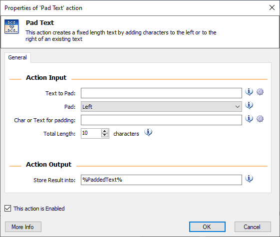 Screenshot of the pad text action properties.