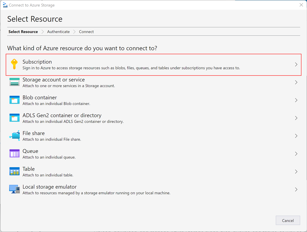 Azure Storage 마법사의 리소스 선택 화면을 보여 주는 스크린샷.
