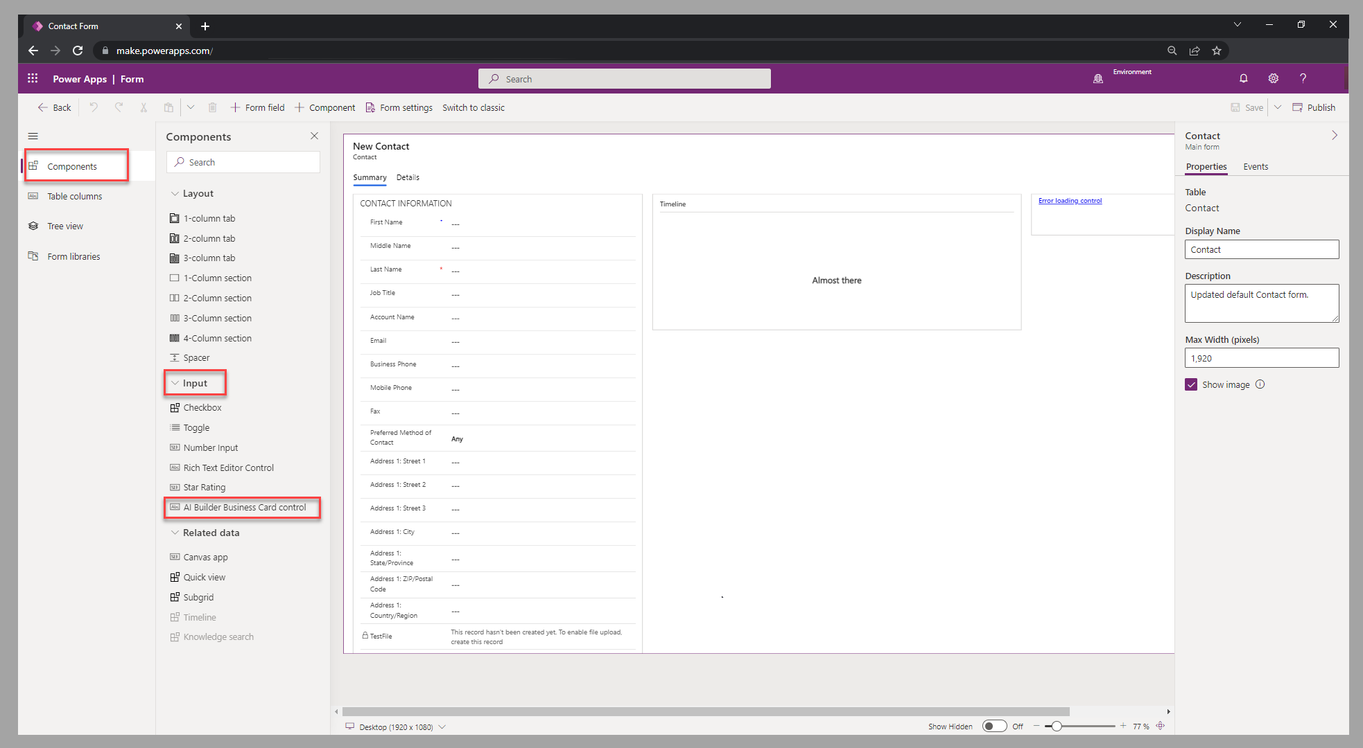 Screenshot of Power Apps with Components selected and Input expanded to show A I Builder Business Card control.