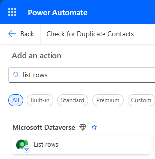Screenshot of the list rows action.