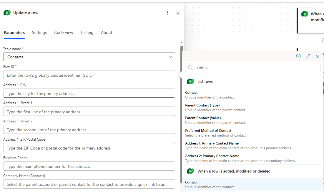 Screenshot of the dynamic data for row ID.