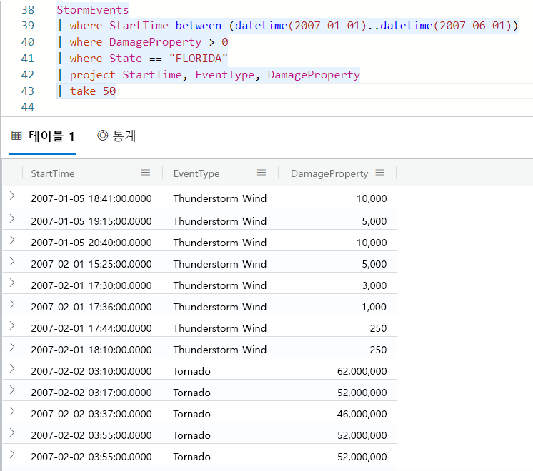 Screenshot of query results for where operators that include a time range.