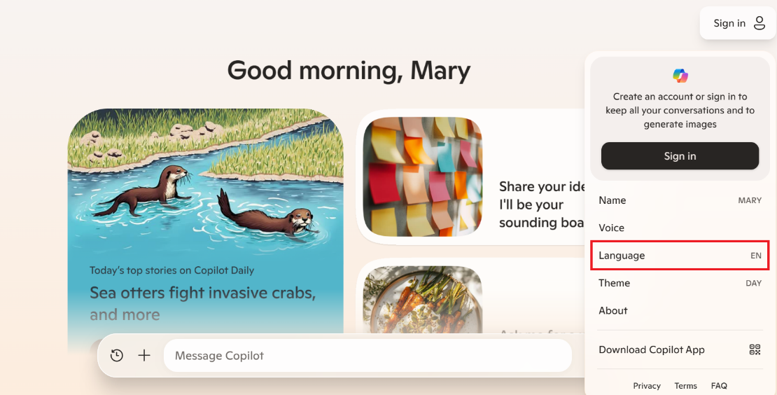 Copilot의 언어 설정 기능을 강조 표시하는 스크린샷