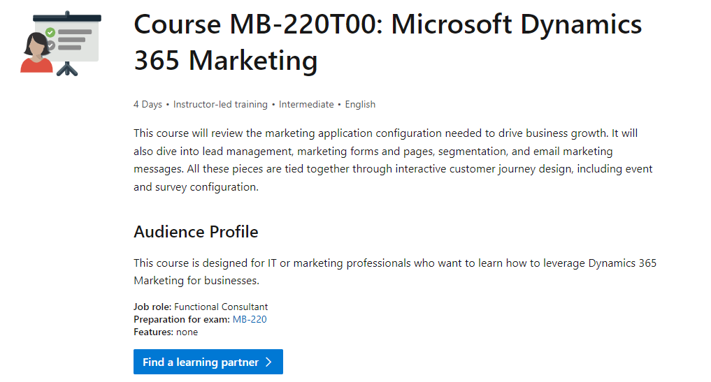과정 MB-220T00: Microsoft Dynamics 365 Marketing의 세부 정보 페이지를 보여 주는 스크린샷