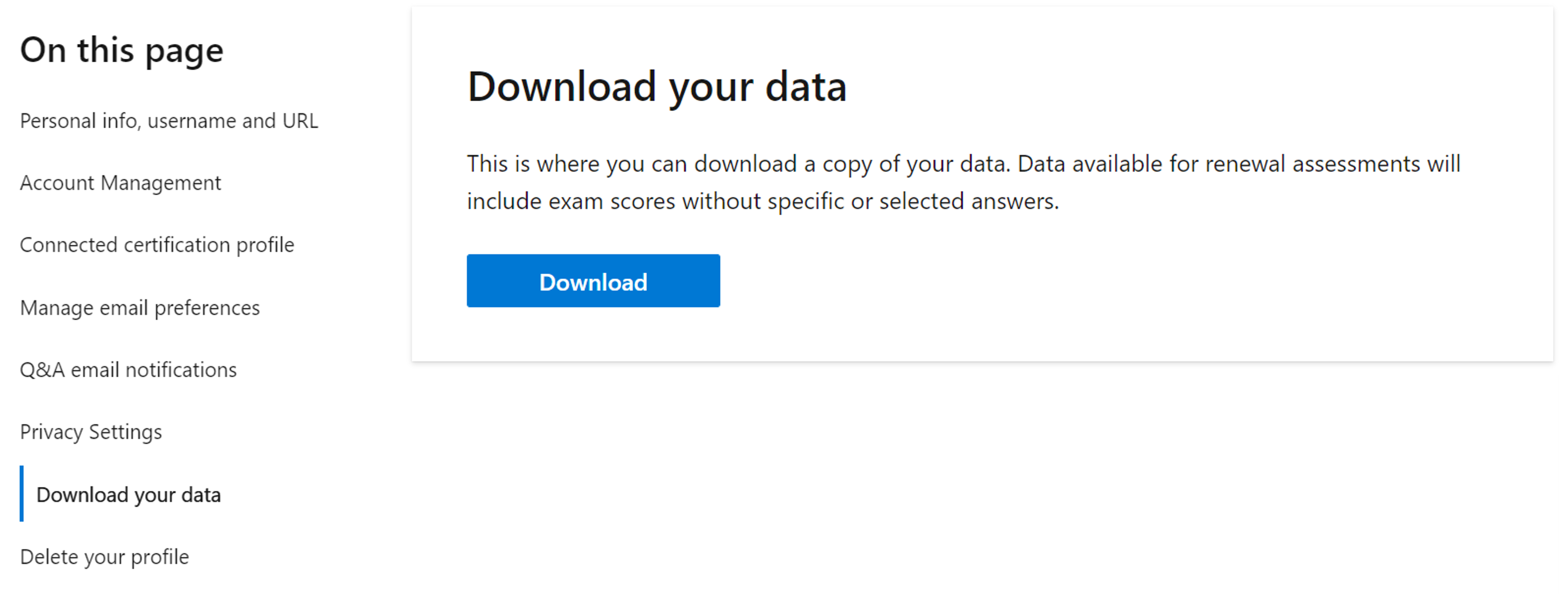 Microsoft Learn 프로필 설정의 데이터 다운로드 섹션 스크린샷.