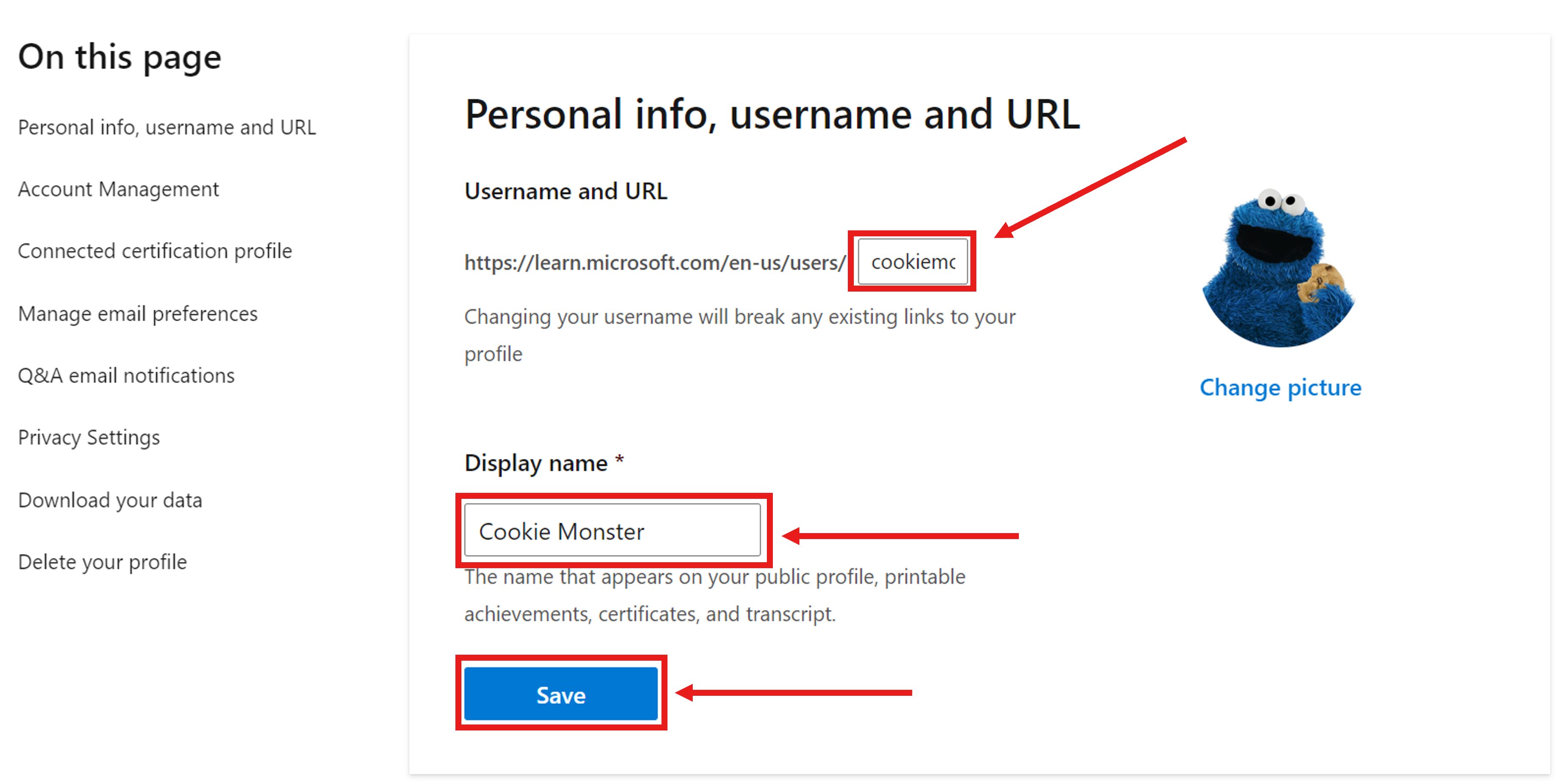 Microsoft Learn 프로필 설정의 개인 정보, 사용자 이름, URL 섹션 스크린샷.