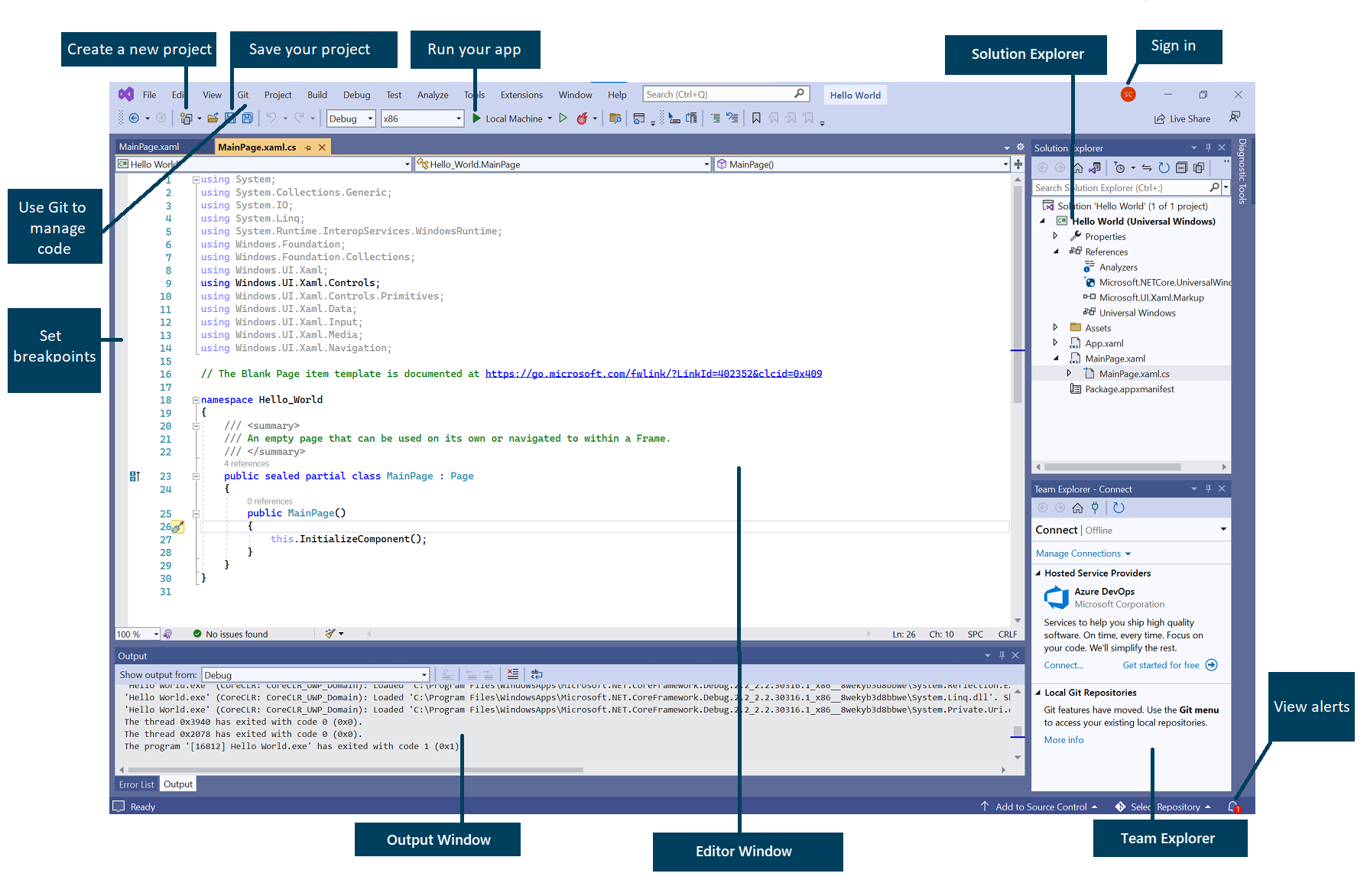 Screenshot of the Visual Studio user-interface in editor view. The main features are labeled.