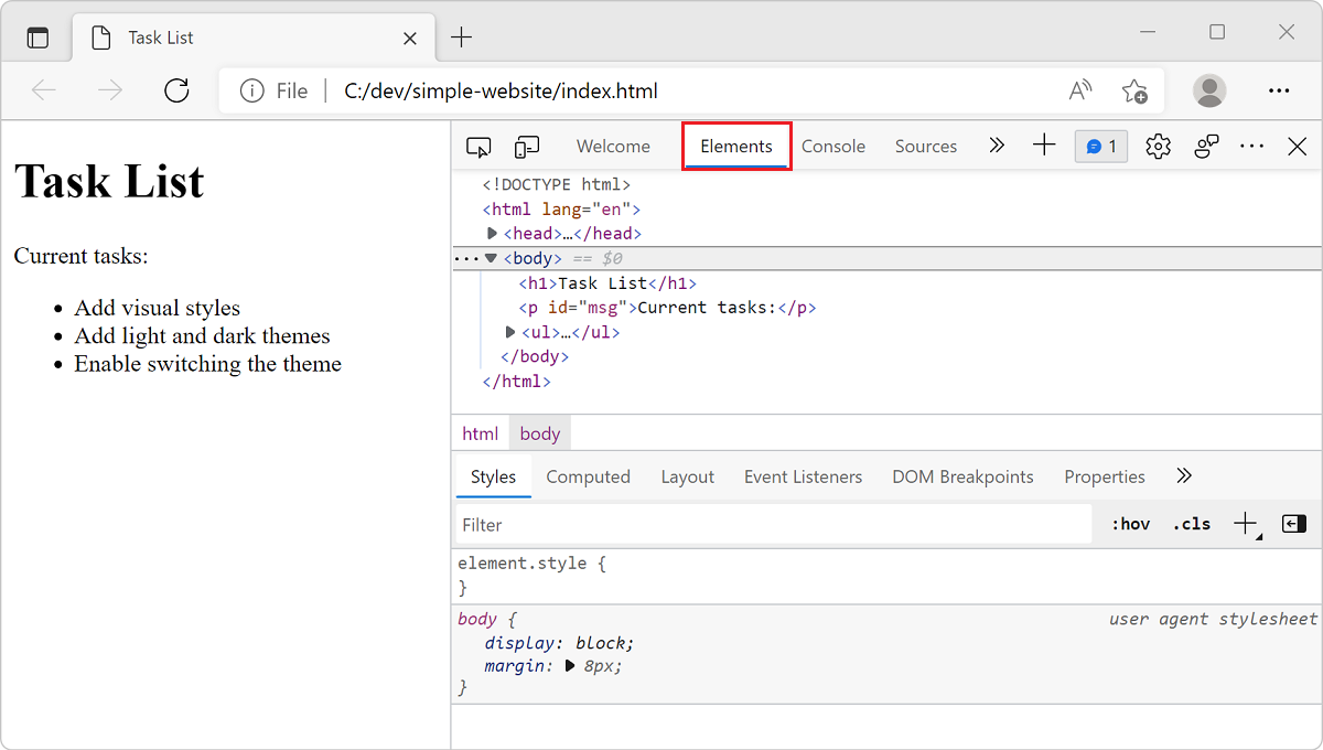 Screenshot showing a browser window with the website, and the Developer Tools next to it with the Elements tab selected.