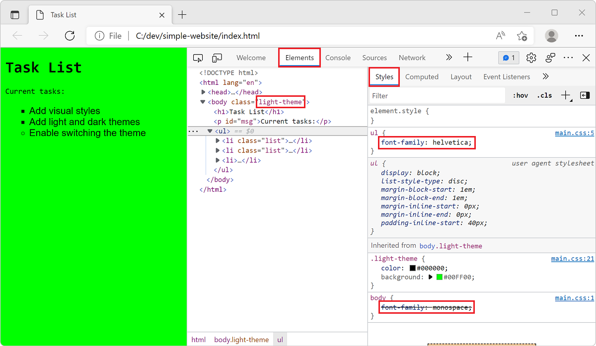 Screenshot of the website with its light theme applied and the Developer Tools next to it showing the Elements panel with the HTML and CSS code.