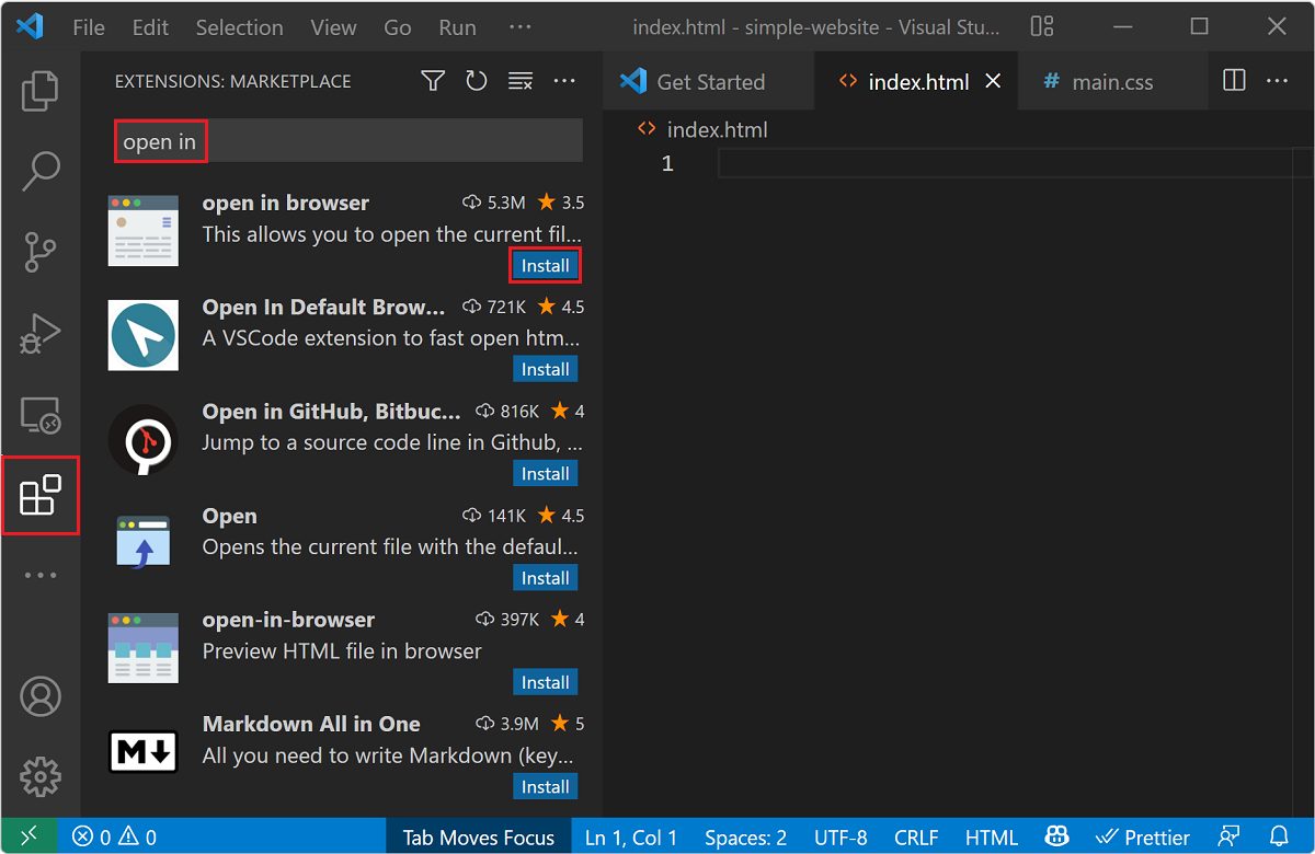 Screenshot showing the Visual Studio Code extension sidebar with the words 'open in' in the search field and a list of matching extensions.