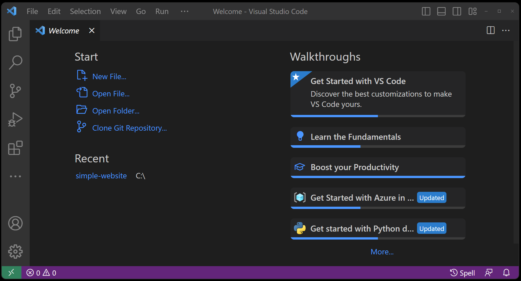 Screenshot of the Visual Studio Code Get Started page.