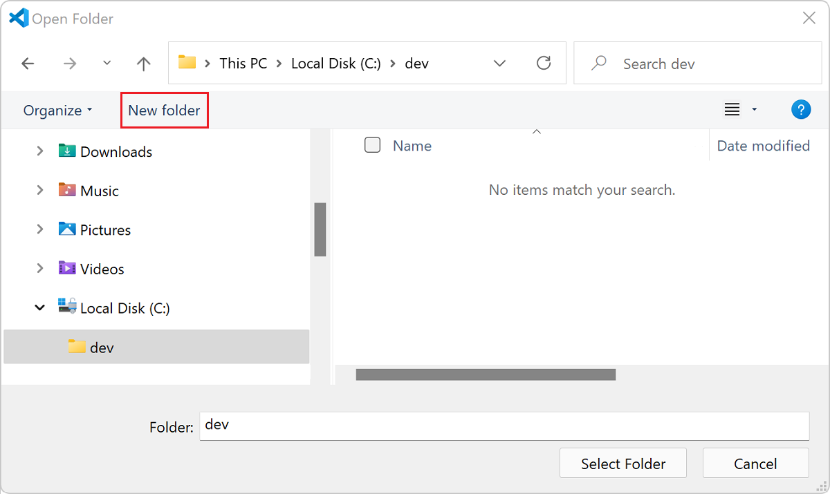 Screenshot of the Windows operating system Open Folder dialog.