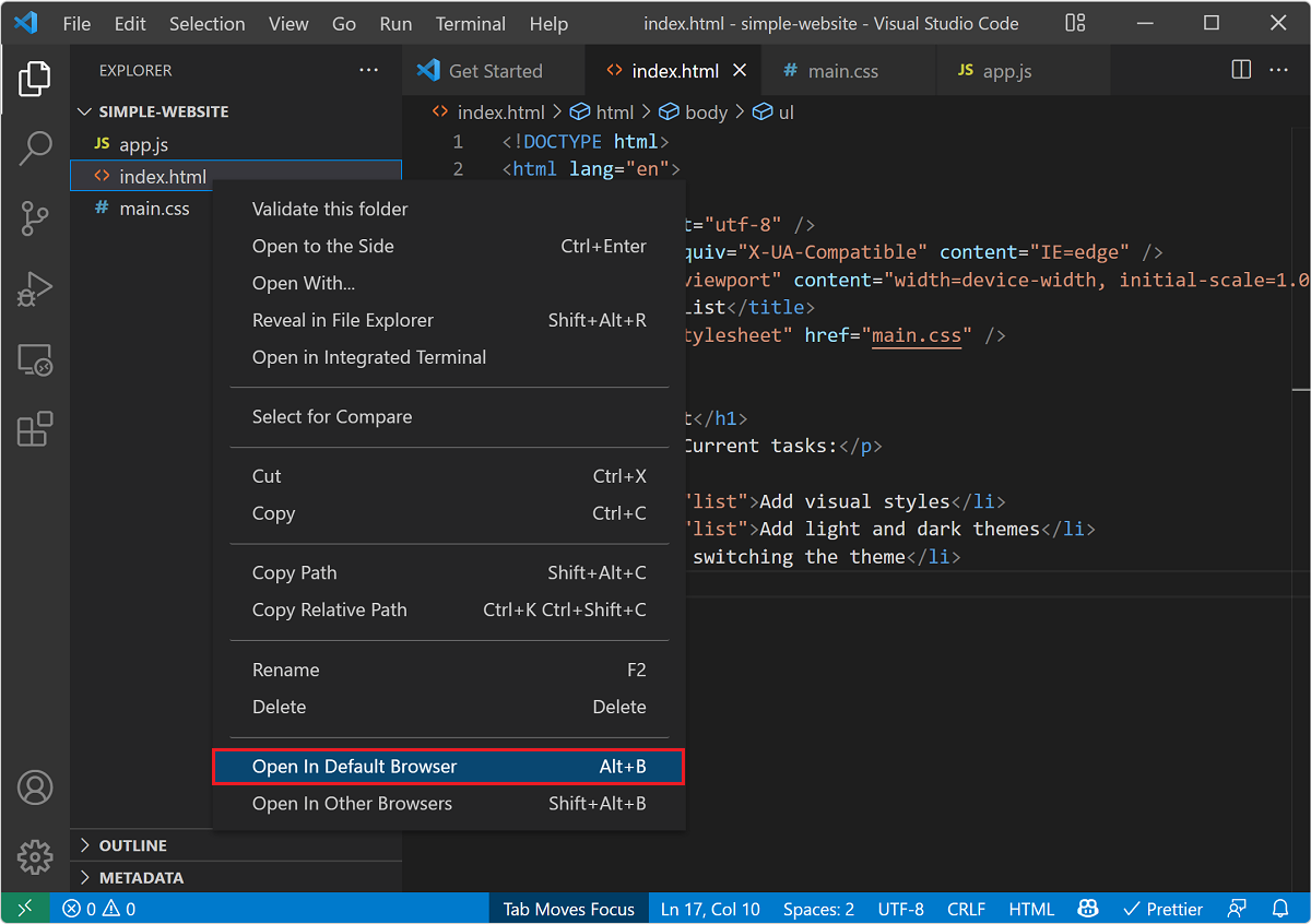 Screenshot of the Open in Browser context menu item in Visual Studio Code.