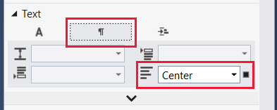 Screenshot that shows the paragraph tab under the Text menu selected, and Center selected as the paragraph justification.