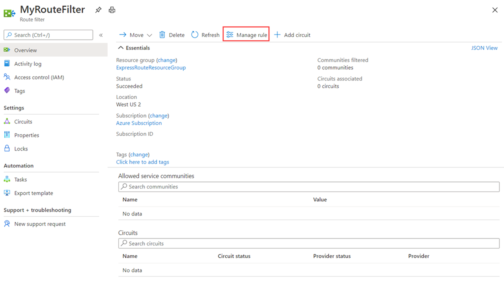 Screenshot of Manage rule tab.