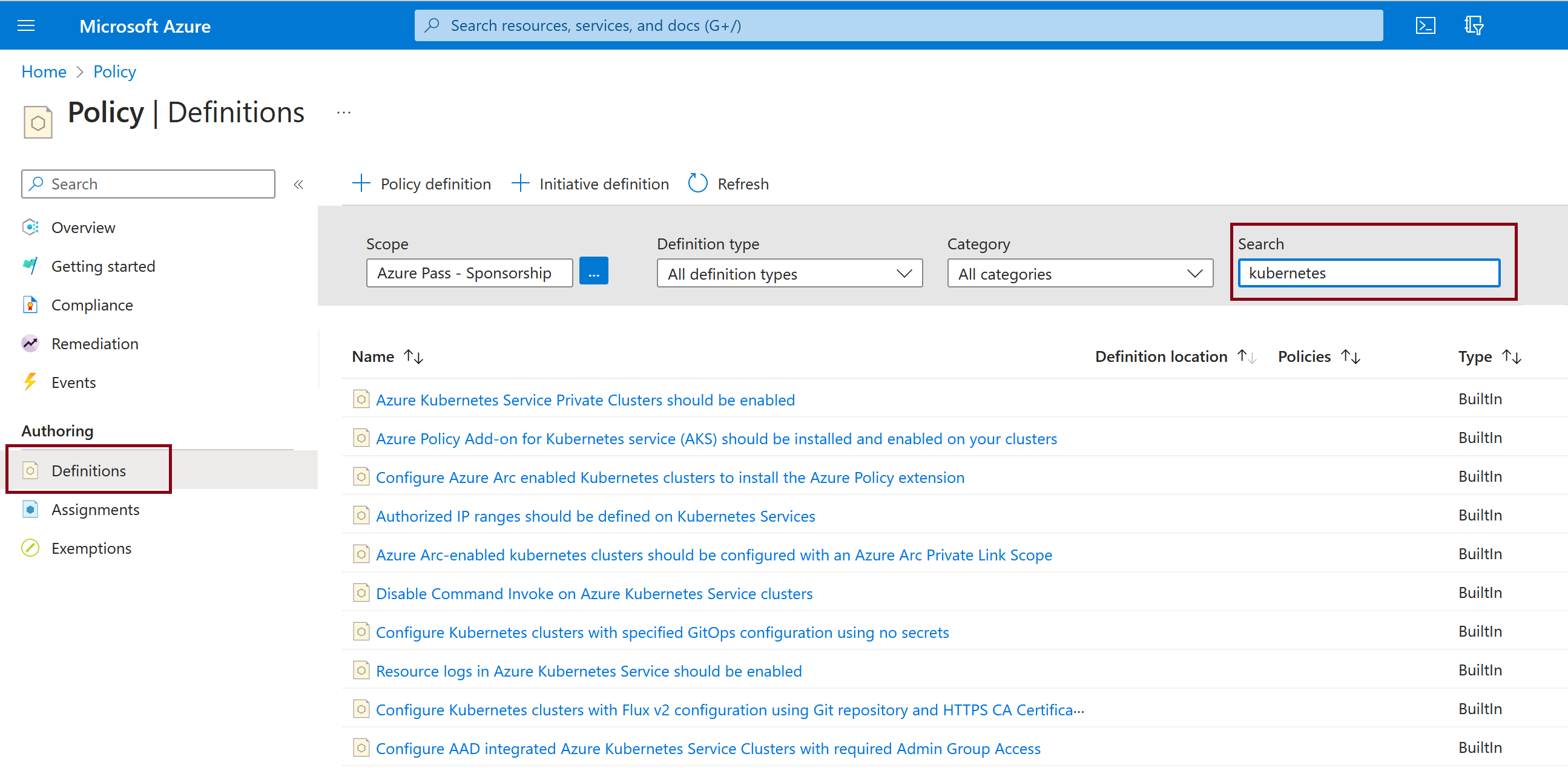 Kubernetes에 대한 Azure Policy 정의의 스크린샷.