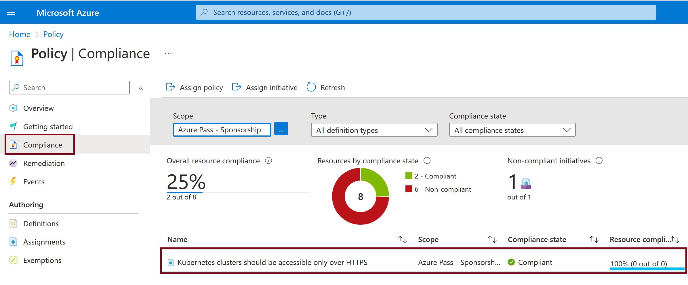 정책 준수 상태의 스크린샷.