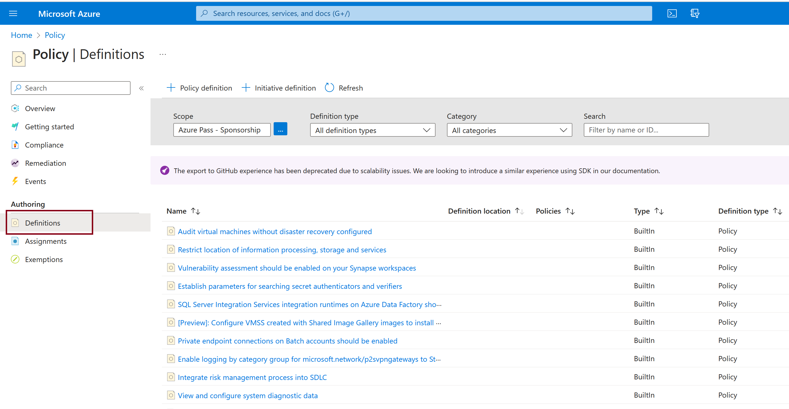 Azure Policy 정의의 스크린샷.