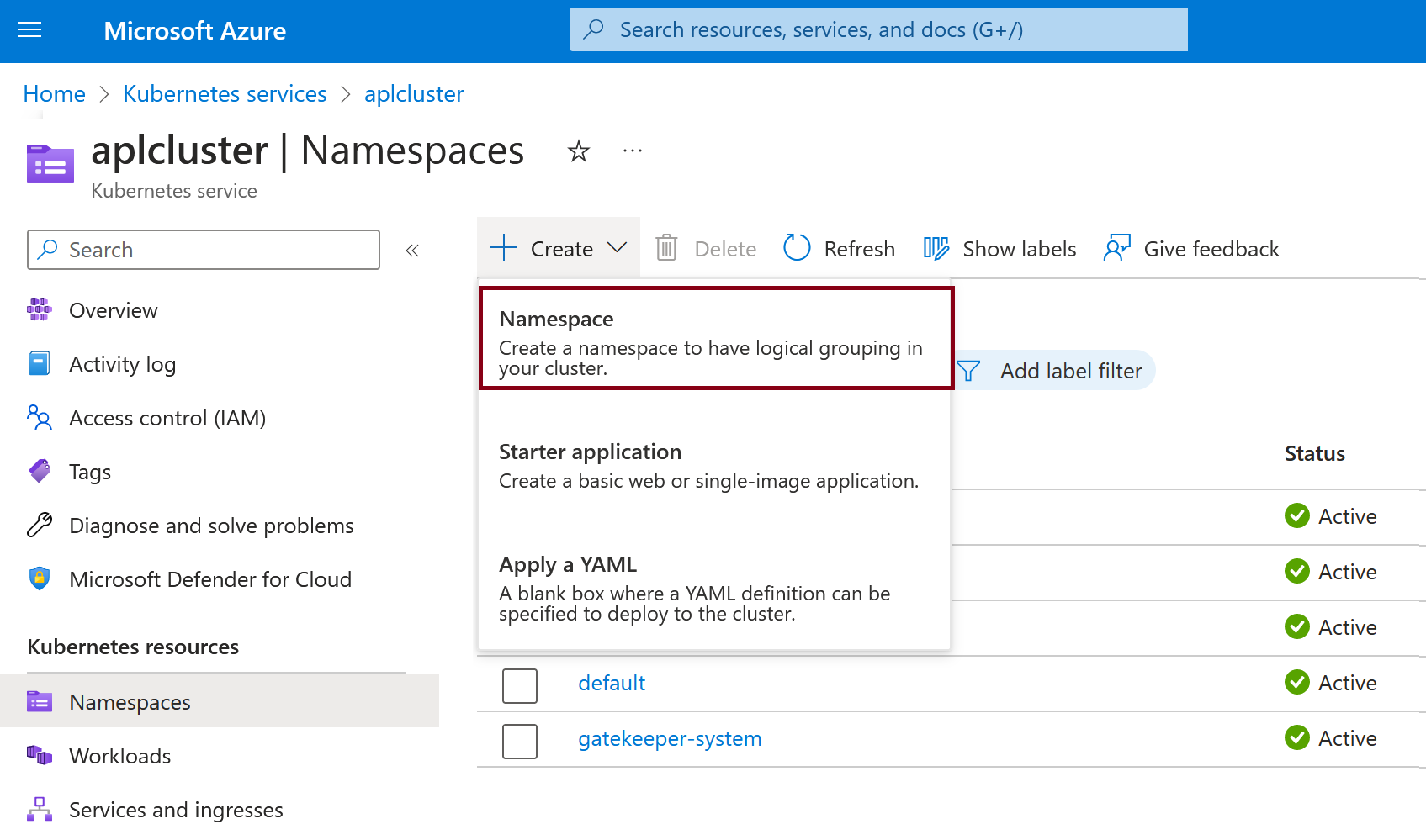 새 네임스페이스 만들기 프로세스의 스크린샷