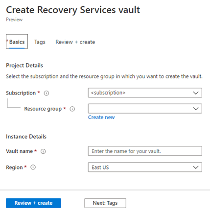 Screenshot that shows how to create a Recovery Services vault in the Azure portal.