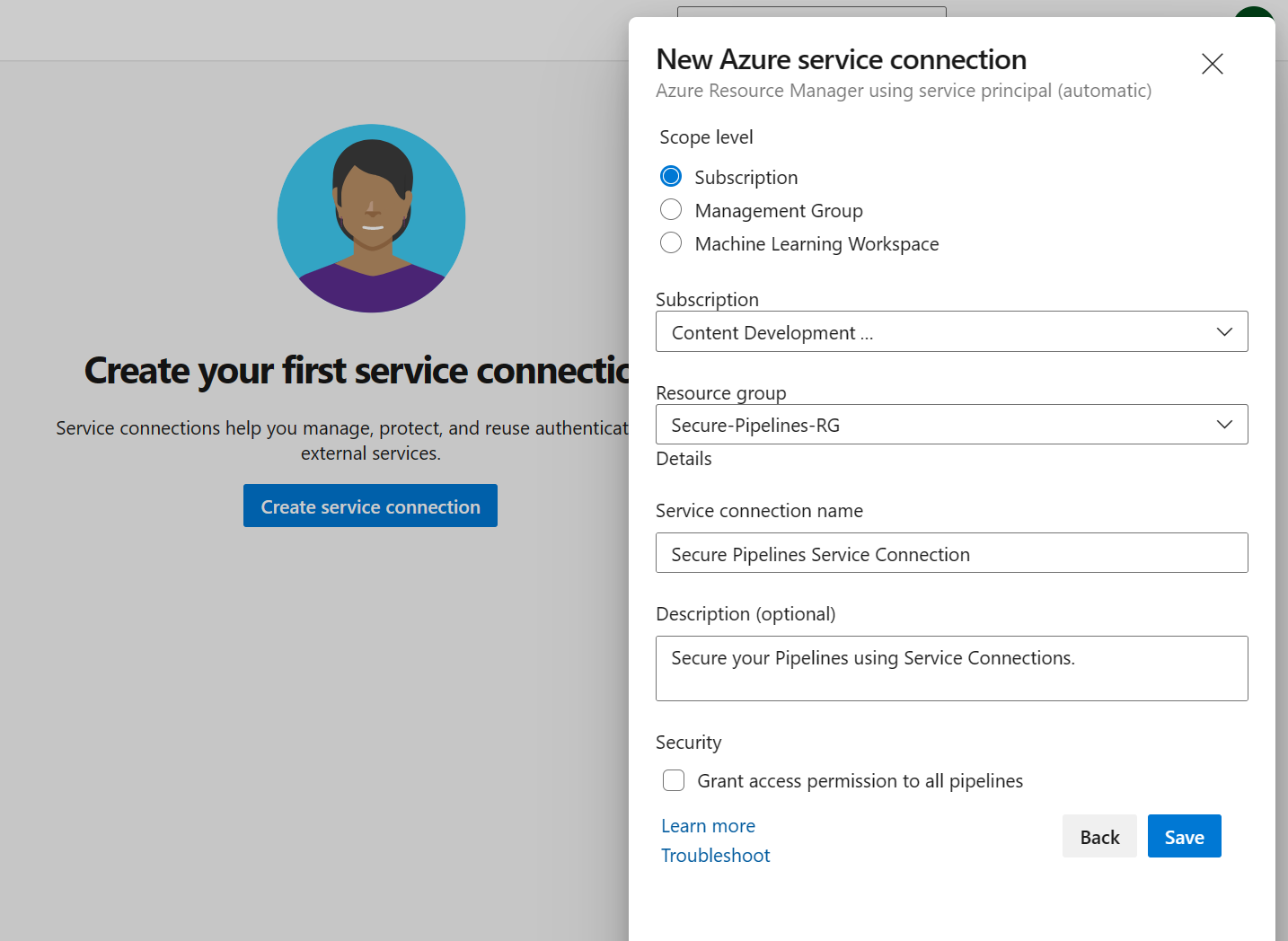 서비스 주체(자동)을 사용하여 새 서비스 연결 Azure Resource Manager를 만드는 방법을 보여주는 Azure Pipelines의 스크린샷.