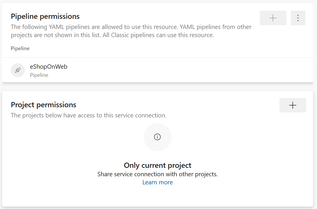 서비스 연결에 파이프라인 권한을 추가하는 방법을 보여 주는 Azure Pipelines의 스크린샷