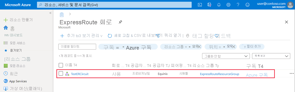 Azure portal - select ExpressRoute circuit