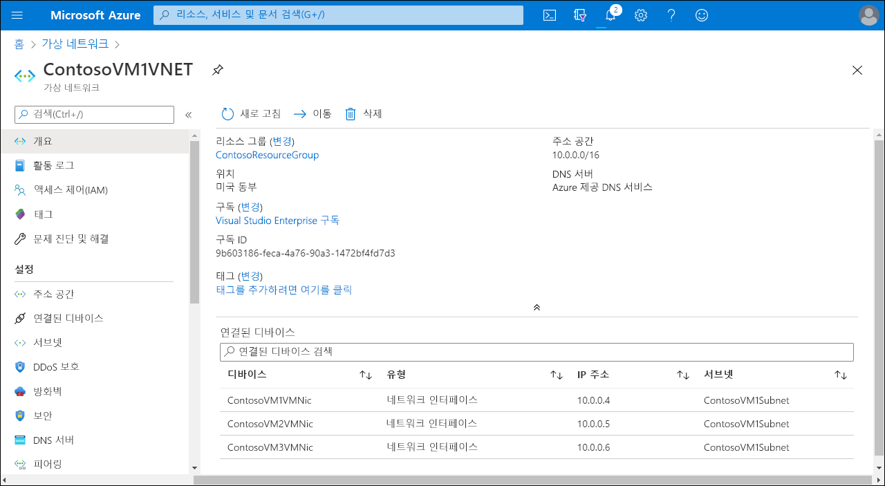 세 개의 연결된 디바이스가 있는 ContosoVM1VNET이라는 VNet 인터페이스의 개요 페이지 스크린샷: ContosoVM1VMNIC, ContosoVM2VMNIC 및 ContosoVM3VMNIC.