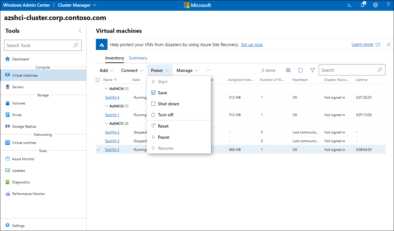  The screenshot depicts the **Power** menu in the **Virtual Machines** pane, which has options to start, save, shut down, turn off, reset, pause, or resume one or more VMs in the inventory list.