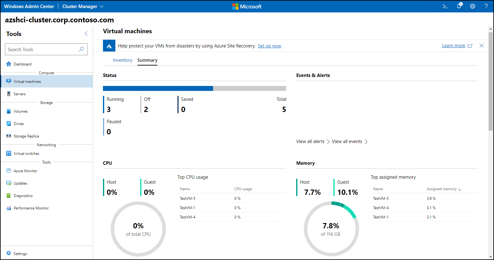 The screenshot depicts the **Summary** tab in the **Virtual machines** pane. It displays the aggregate data, which includes the total number of running, stopped, and paused VMs; recent health alerts; and processor, memory, and disk usage with breakdown per host and guest.