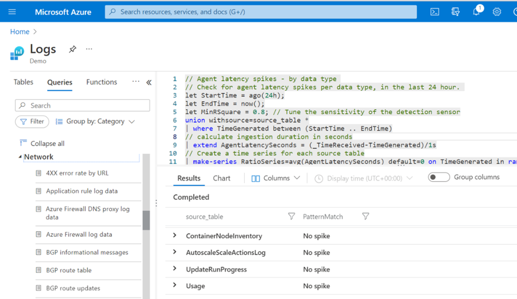 Screenshot of the Microsoft Azure log screen showing a query and its results.
