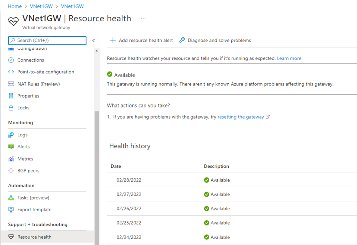Screenshot showing the Resource health area