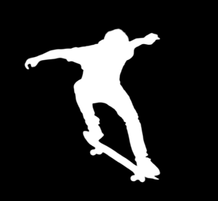 A silhouette of a skateboarder performing a trick with a black background.
