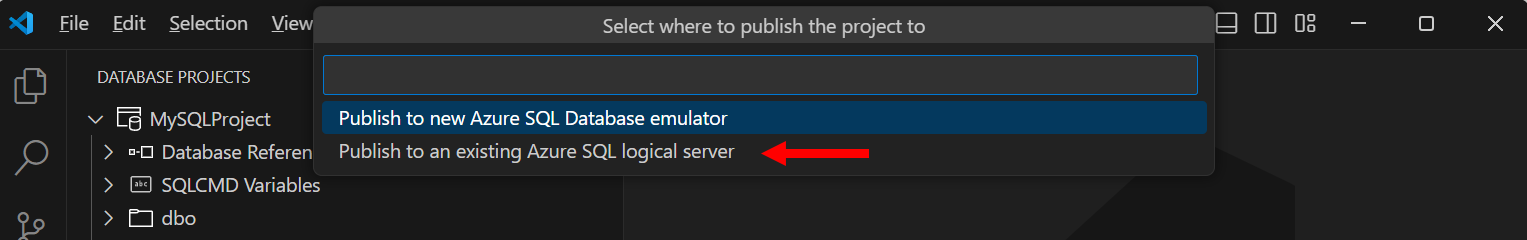 기존 Azure SQL 논리 서버에 게시하는 방법을 보여 주는 스크린샷입니다.