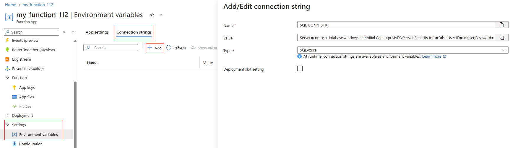 Azure Function에서 Azure SQL Database에 대한 연결 문자열을 추가하는 방법을 보여 주는 스크린샷