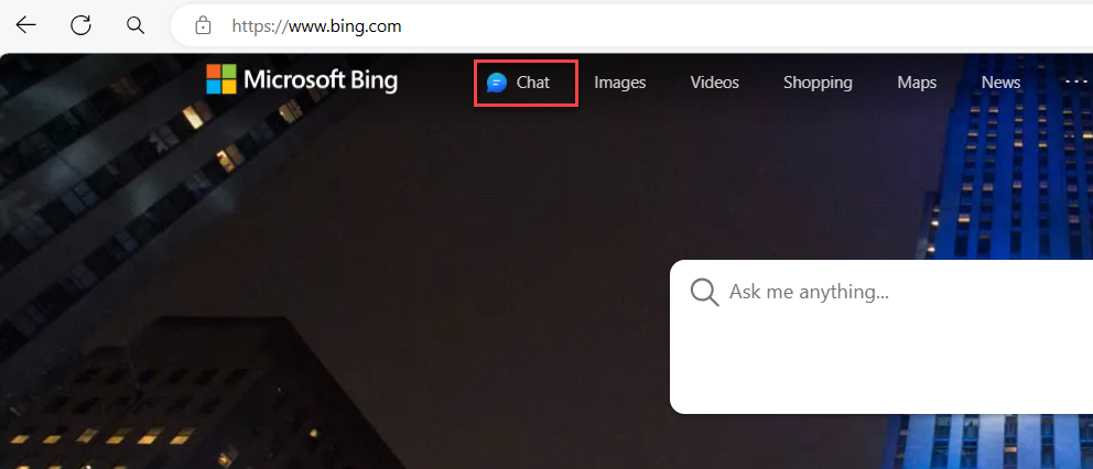 Screenshot Bing.com with the Chat icon selected.